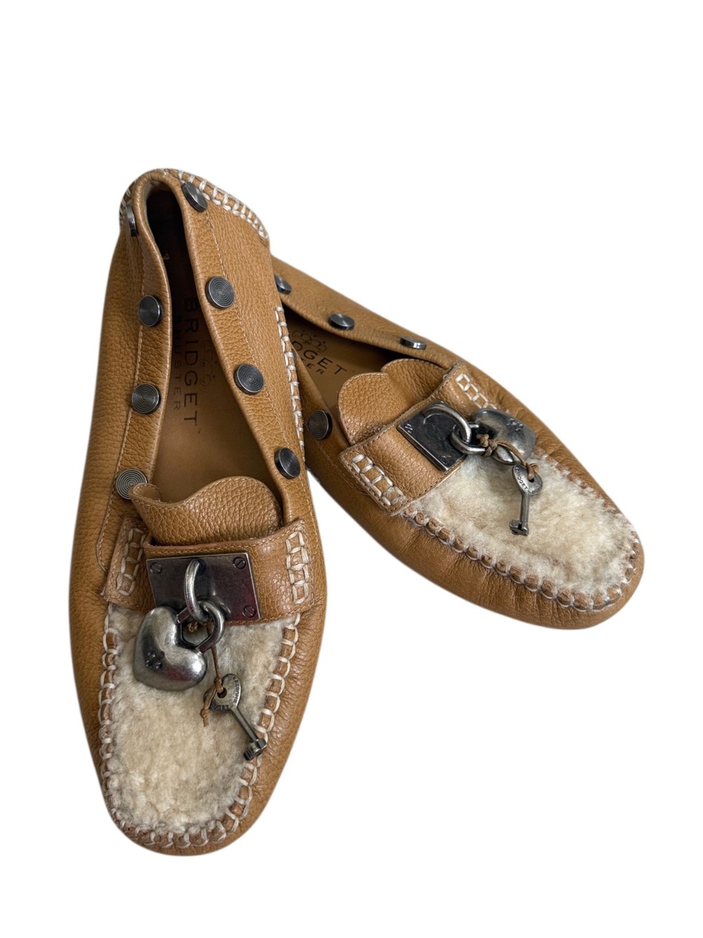 Bridget Shuster Vintage Tan Leather Shearling Loafers Padlock Charm Women Size 6